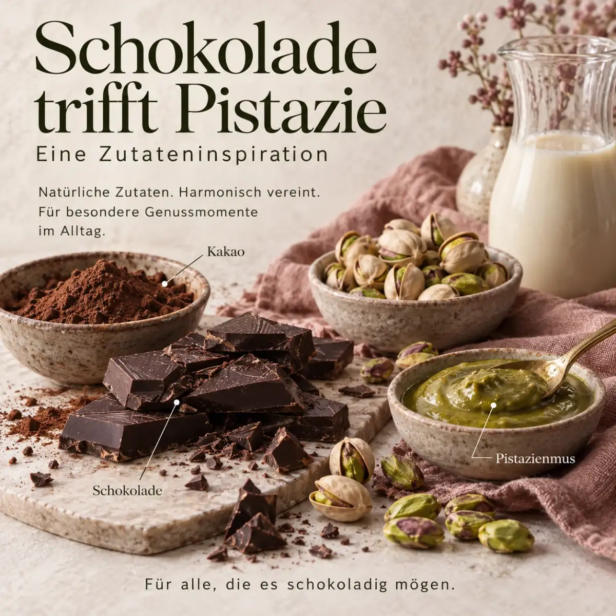 Zutateninspiration mit Kakao, Schokolade, Pistazienmus und Haferdrink Zutateninspiration mit Kakao, Schokolade, Pistazienmus und Haferdrink