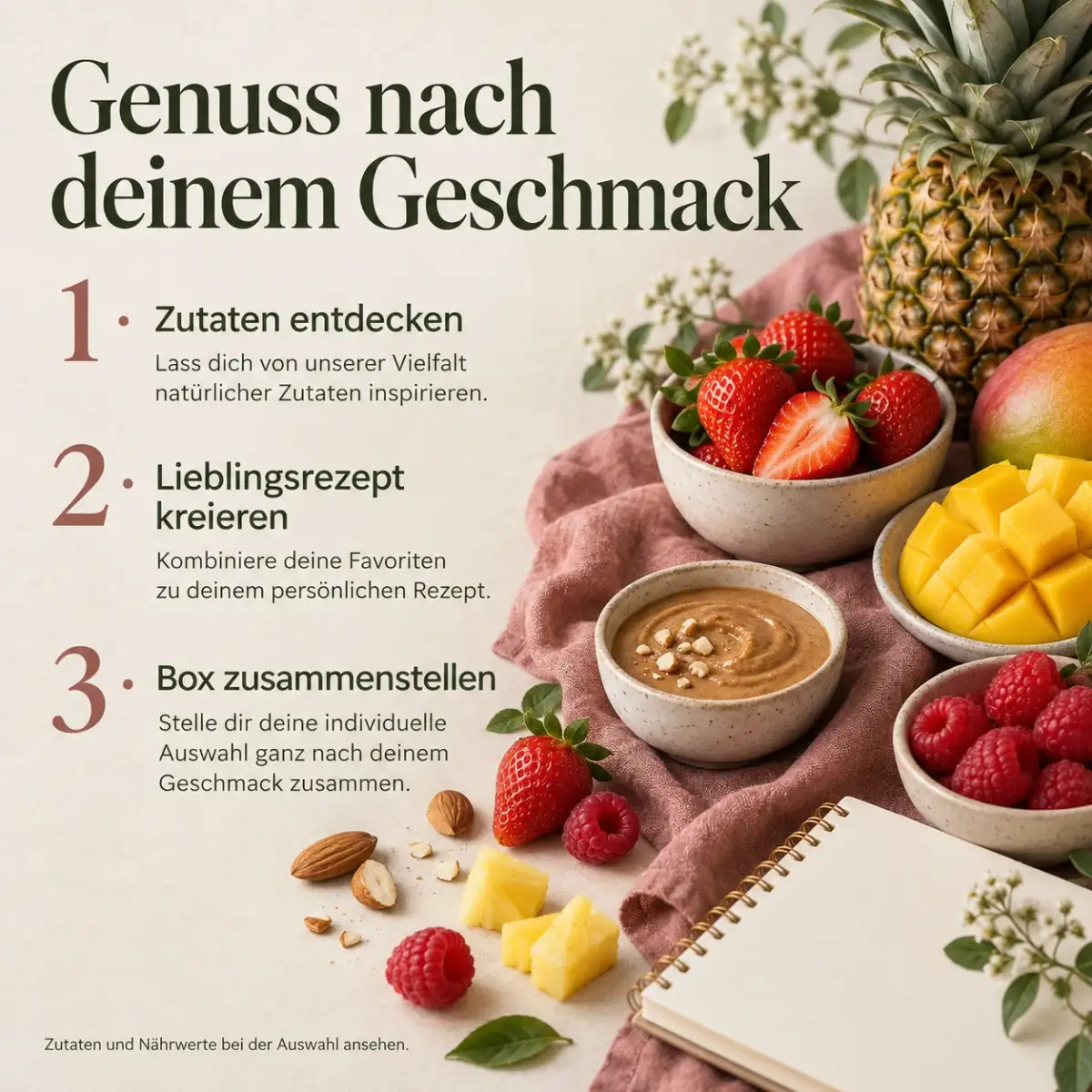 Eigene Genießer-Box: Zutaten entdecken, Lieblingsrezept kreieren und Box zusammenstellen Eigene Genießer-Box: Zutaten entdecken, Lieblingsrezept kreieren und Box zusammenstellen