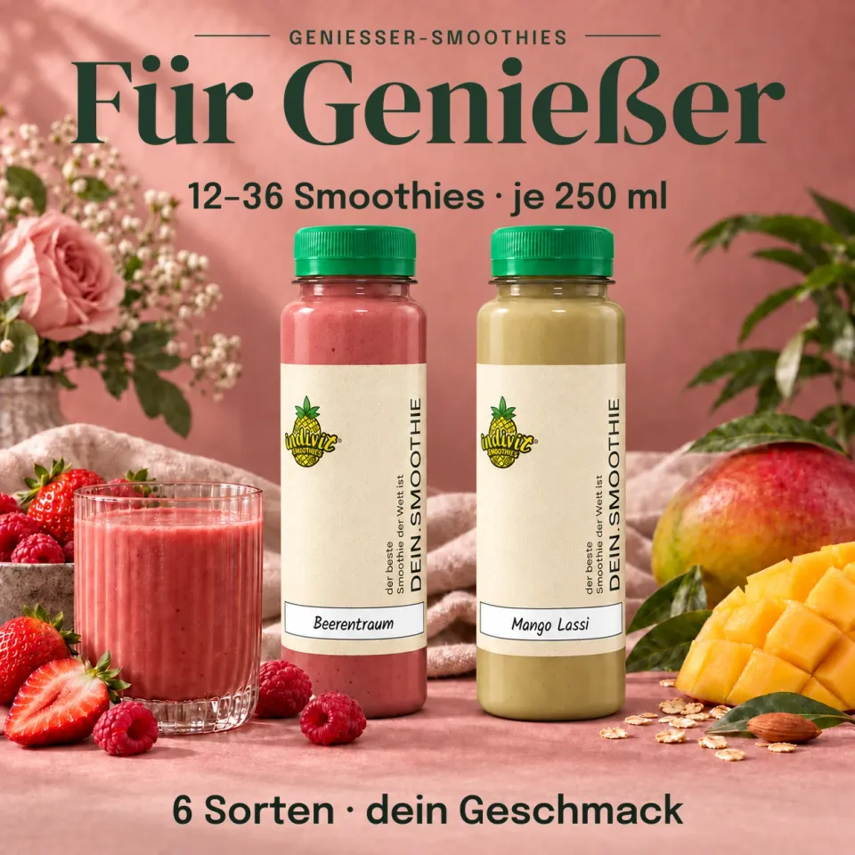 Genießer-Box mit 12 bis 36 Smoothies: Beerentraum und Mango Lassi als Sortenbeispiele