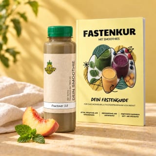 Fructover 3.0 mit gelbem Fastenguide und Pfirsich