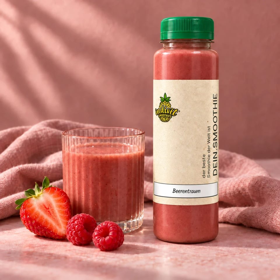 Beerentraum mit Glas, Erdbeeren und Himbeeren auf roséfarbenem Leinen