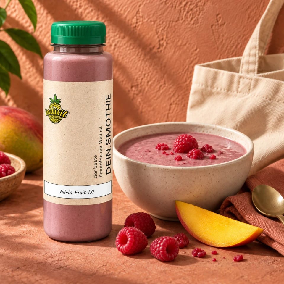 All-in Fruit 1.0 mit Smoothie-Bowl und Zutaten auf Terrakotta