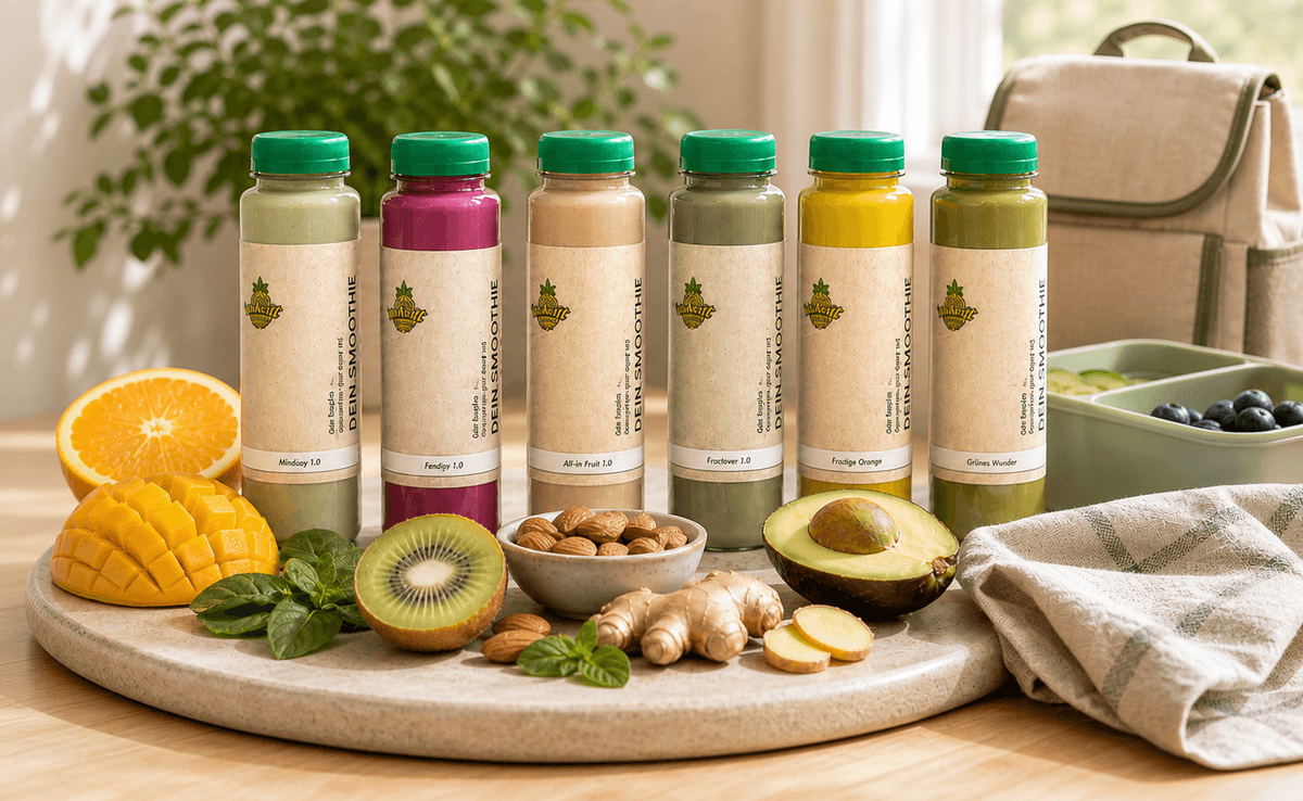 Sechs Indivit Smoothies mit Obst, Blattgrün, Mandeln und Ingwer in einer hellen Küche