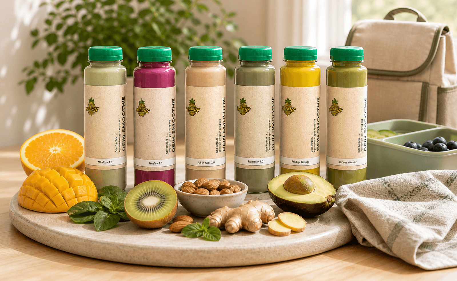 Smoothies aus Bio-Zutaten in einer hellen Familienküche