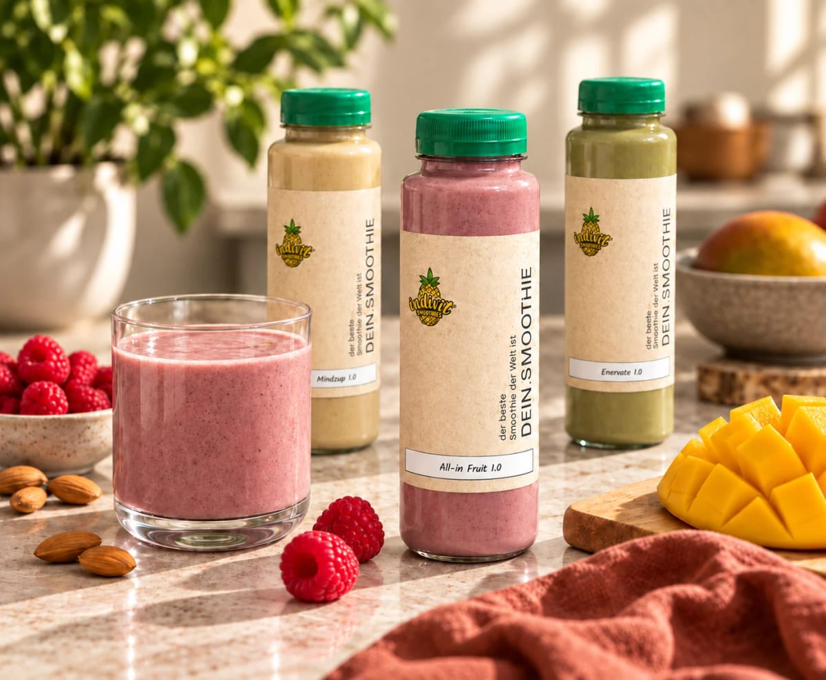 All-in Fruit 1.0 mit einem Glas Smoothie, Mindzup 1.0 und Enervate 1.0, dazu Himbeeren, Mango und Mandeln