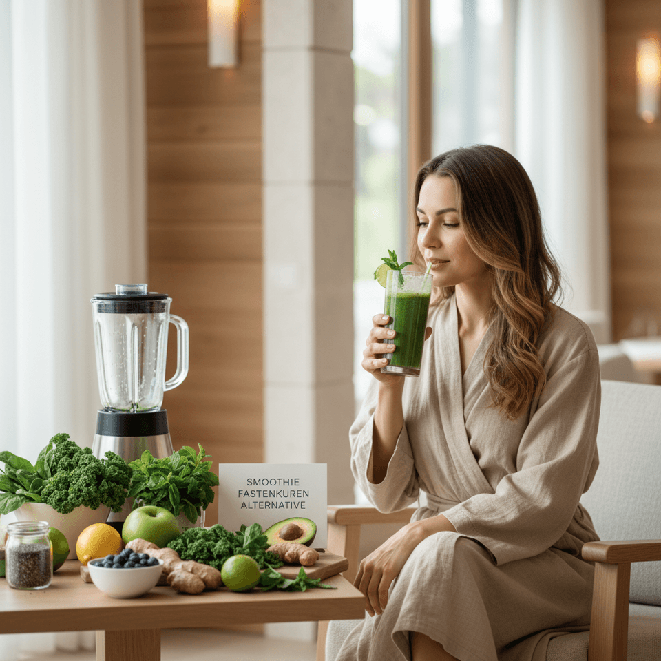 Ruhige Fastenkur-Szene mit grünem Smoothie und frischen Zutaten