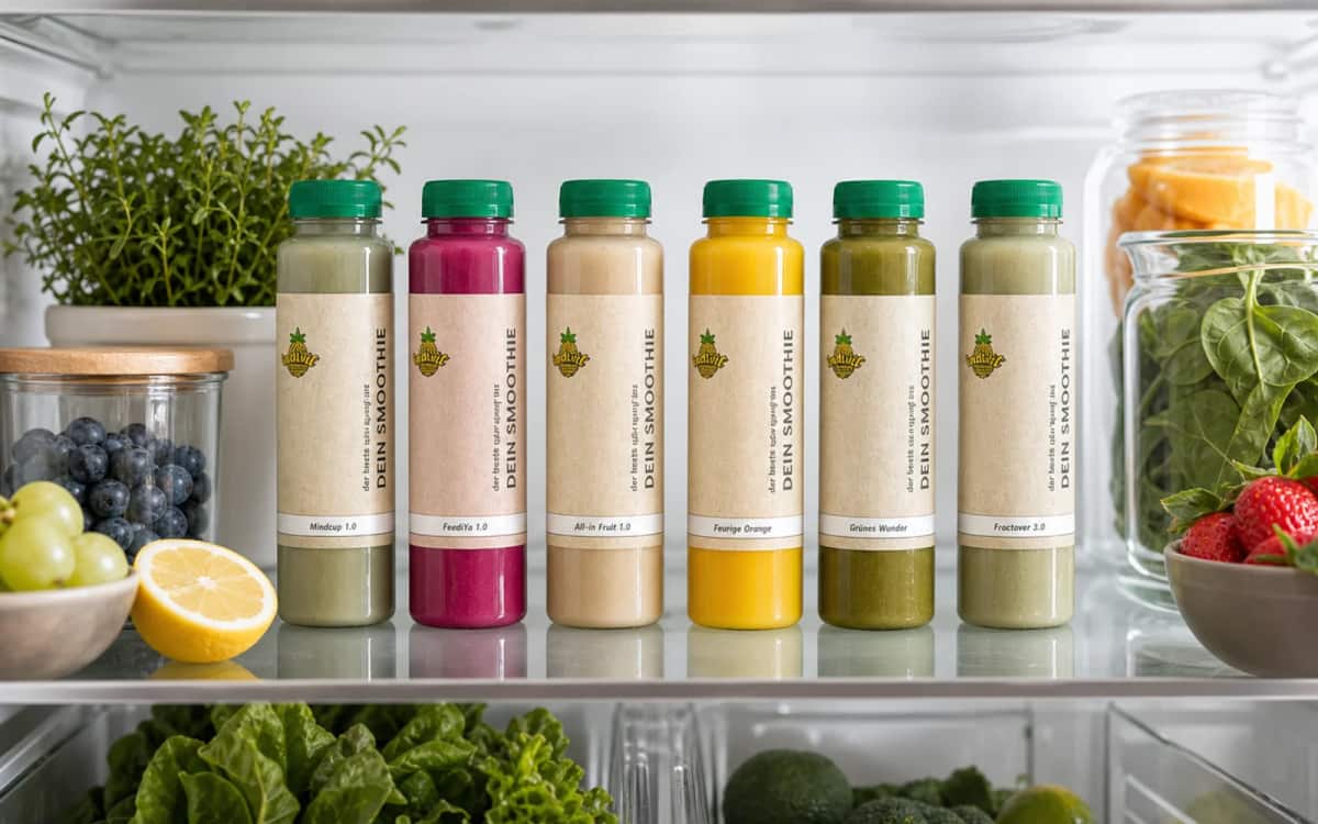 Vielfalt individuell kombinierbarer Smoothies Auswahl verschiedener Indivit Smoothies mit sichtbaren Etiketten im Kühlschrank