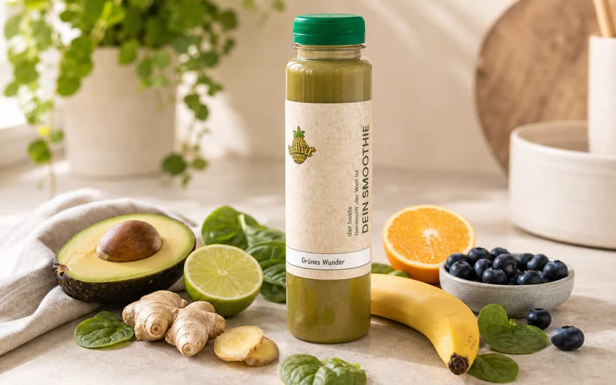 Smoothie als gesunder Snack für unterwegs Indivit Smoothie-Flasche als Snack für unterwegs mit frischen Zutaten