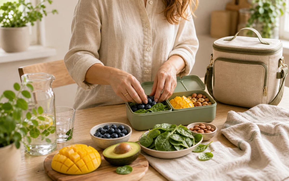 Bio-Zutaten und Lunchbox werden in einer hellen Familienküche vorbereitet