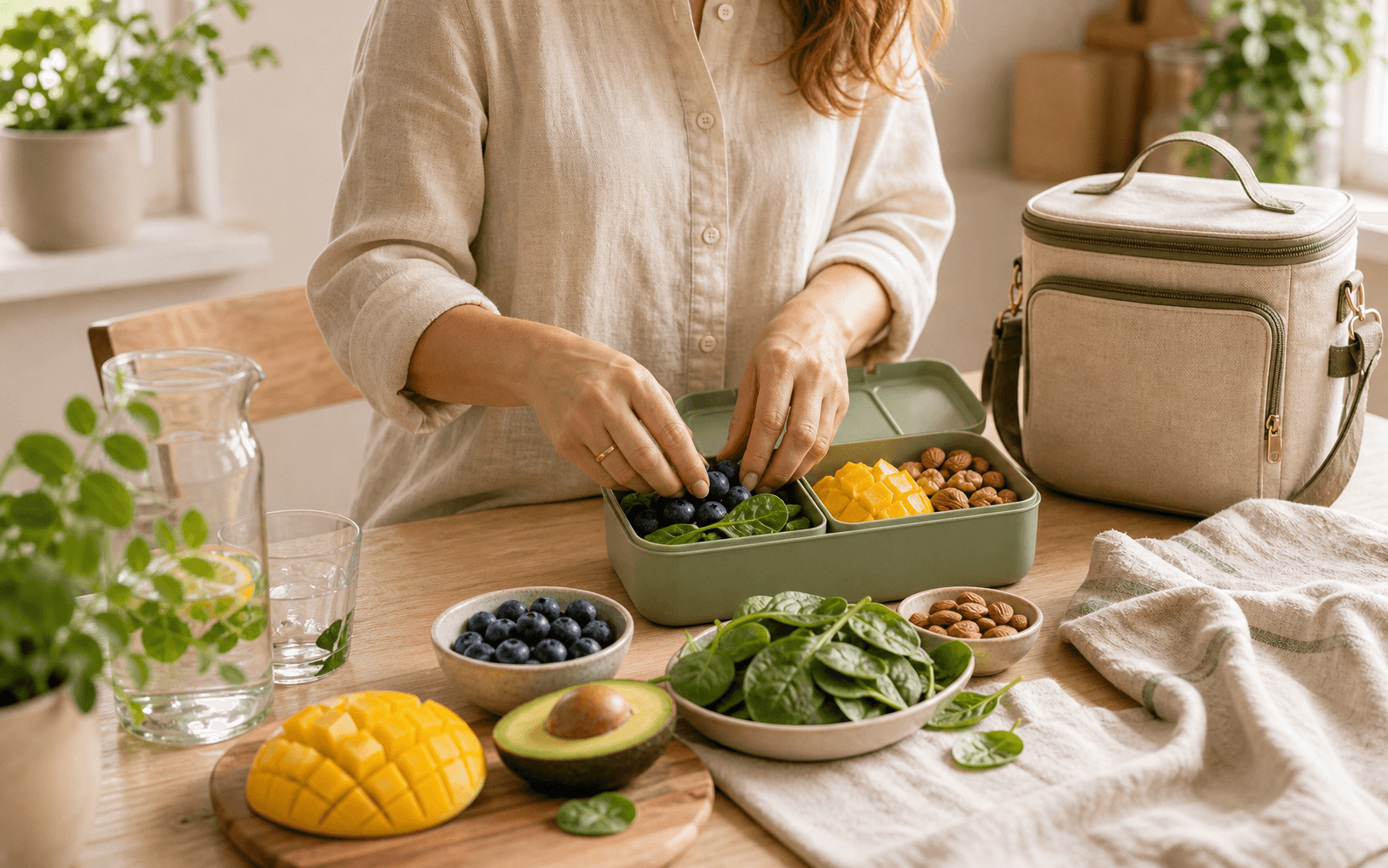 Bio-Zutaten und Lunchbox werden in einer hellen Familienküche vorbereitet